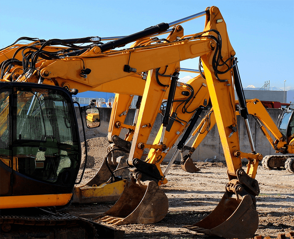 A line of yellow excavators